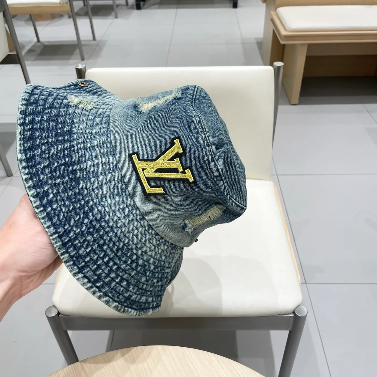 Louis Vuitton Blue Gold Denim Distressed Bucket Hat 3