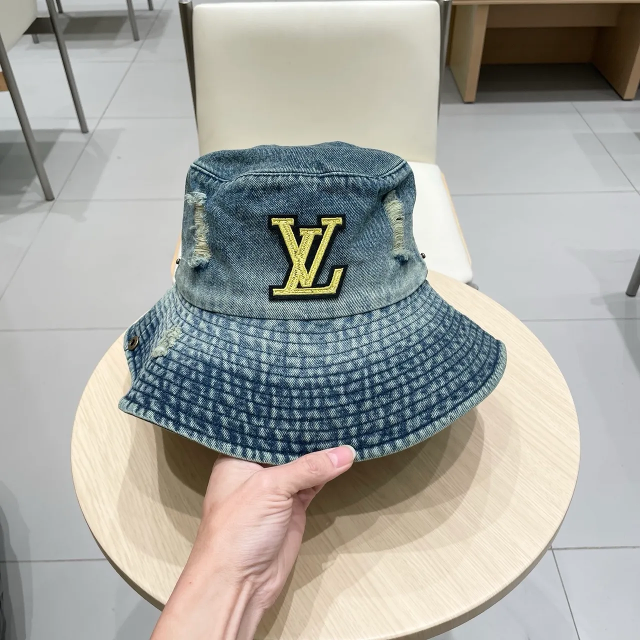 Louis Vuitton Blue Gold Denim Distressed Bucket Hat 5