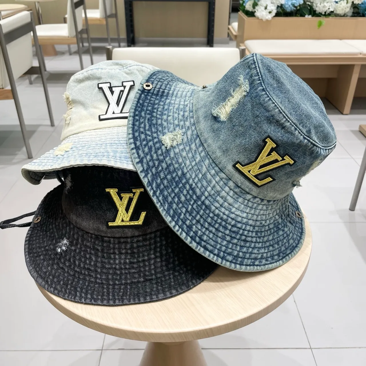 Louis Vuitton Blue Gold Denim Distressed Bucket Hat 6
