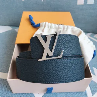 Louis Vuitton Blue Silver Pebbled Oversized Monogram Buckle Leather Belt
