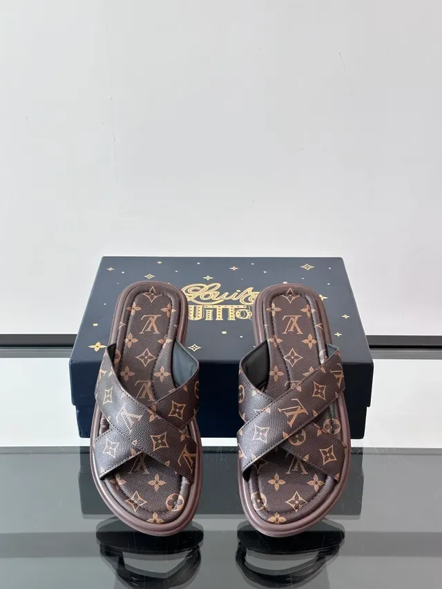 Louis Vuitton Brown Beige Monogram Canvas Cross-Strap Slippers 5