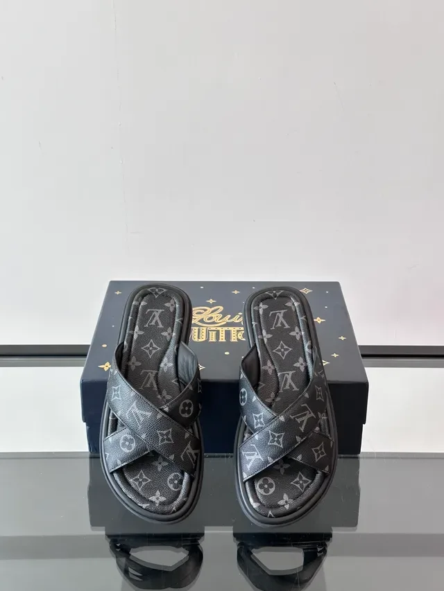 Louis Vuitton Brown Beige Monogram Canvas Cross-Strap Slippers 6