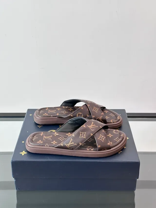 Louis Vuitton Brown Beige Monogram Canvas Cross-Strap Slippers 8