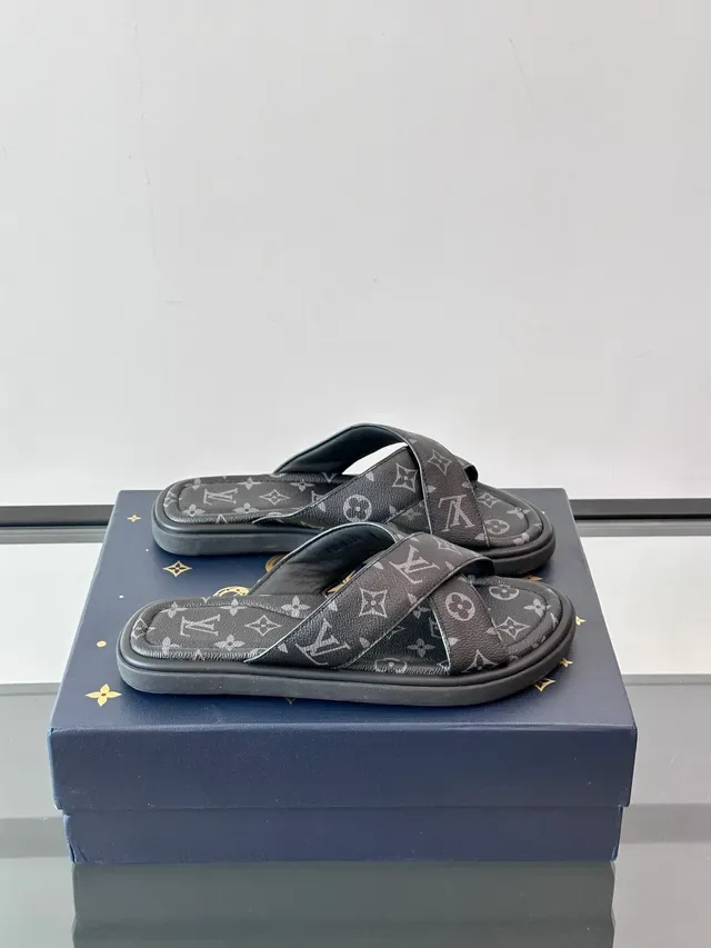 Louis Vuitton Brown Beige Monogram Canvas Cross-Strap Slippers 9