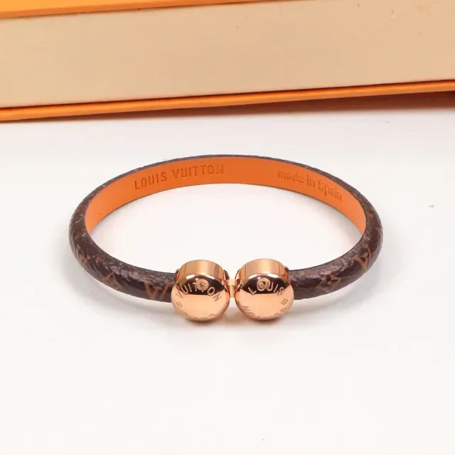 Louis Vuitton Brown Gold Monogram Leather Dual-Tone Metal Beads Bracelet 7