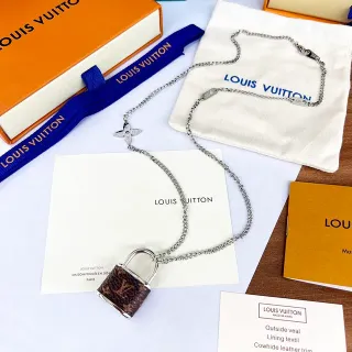 Louis Vuitton 棕色 银色 链环 印花 皮革 挂锁 吊坠 项链