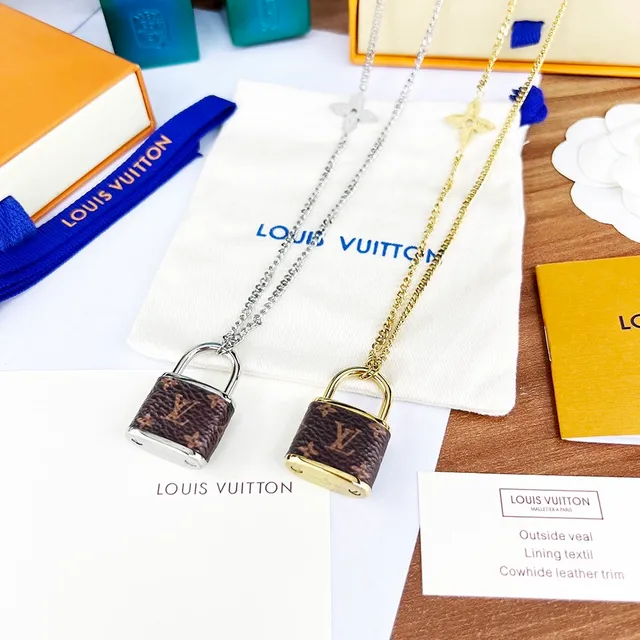 Louis Vuitton Brown Silver Chain-Link Monogram Leather Padlock Pendant Necklace 3