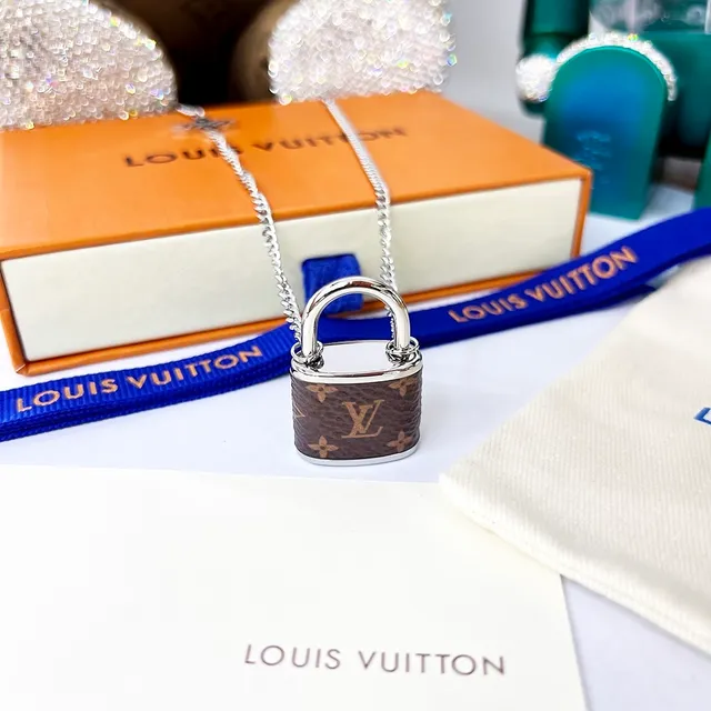 Louis Vuitton Brown Silver Chain-Link Monogram Leather Padlock Pendant Necklace 4