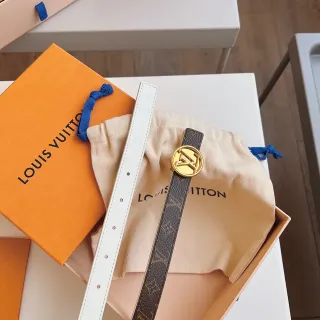 Louis Vuitton Brown White Monogram Canvas Gold-Tone Circular LV Buckle Leather Belt