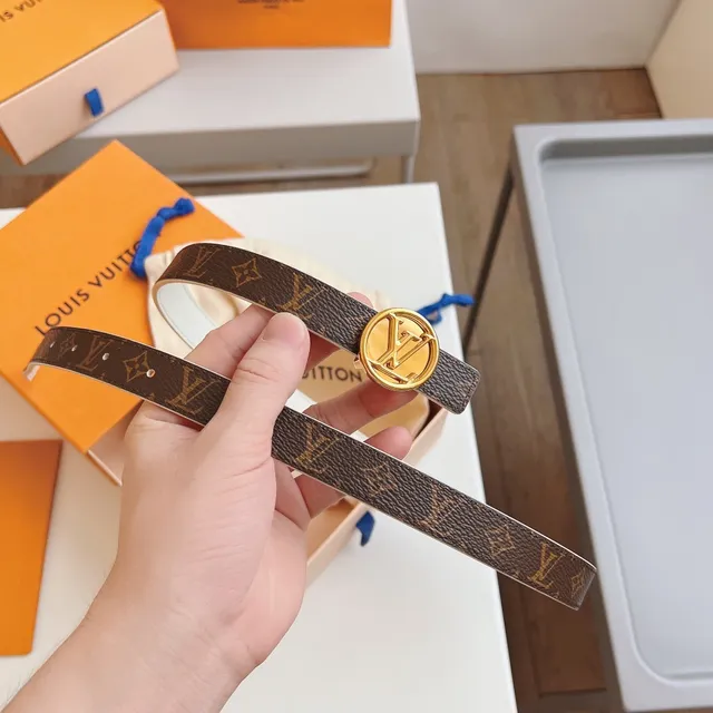 Louis Vuitton Brown White Monogram Canvas Gold-Tone Circular LV Buckle Leather Belt 5