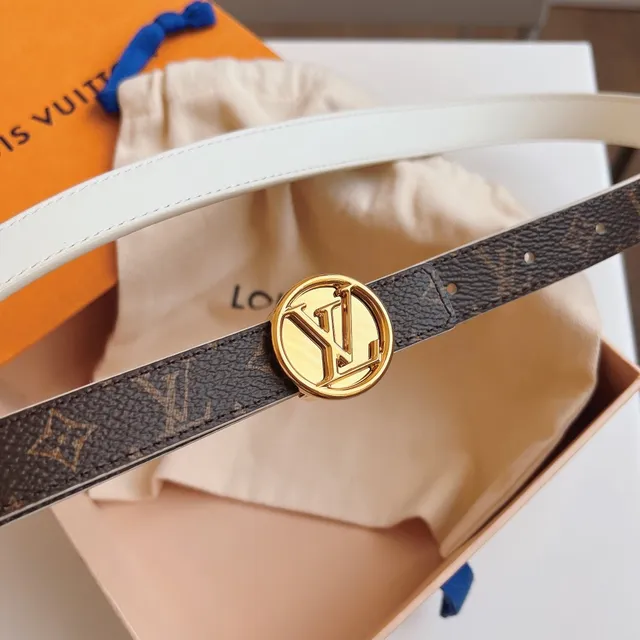 Louis Vuitton Brown White Monogram Canvas Gold-Tone Circular LV Buckle Leather Belt 6