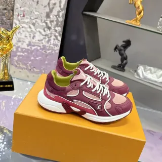 Louis Vuitton حذاء رياضي كاجوال كثيف برغندي وردي النعل بناء جلد-شبكي طبقي