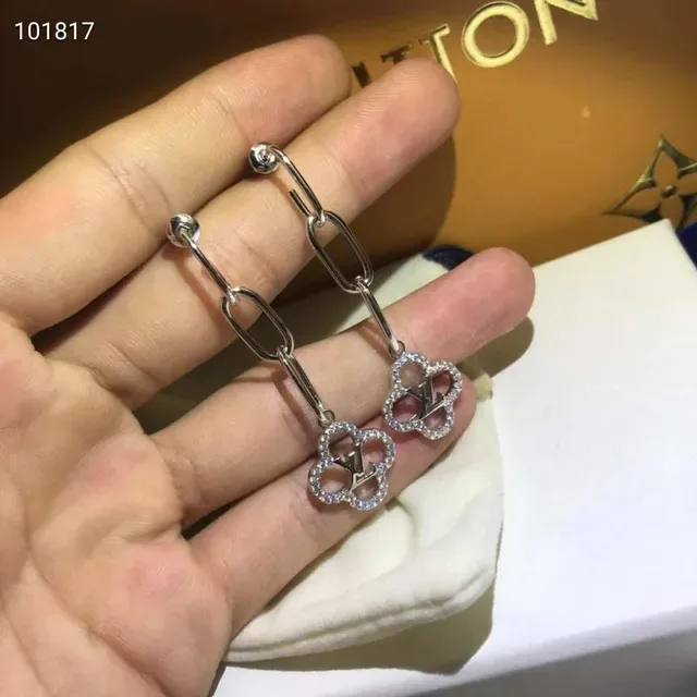 Louis Vuitton Clover Gold Transparent Chain-Link Drop Pavé Crystal Charms Earrings 3