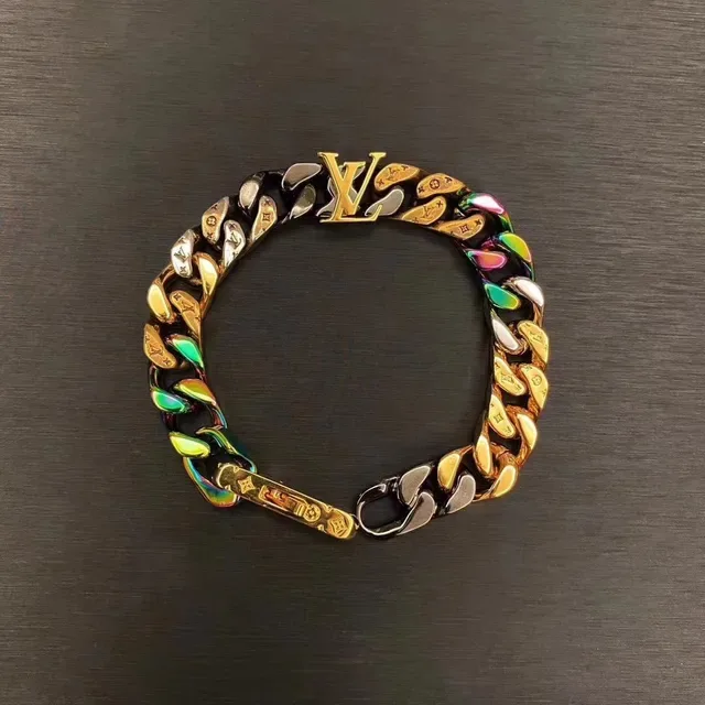 Louis Vuitton Curb-Link Bracelet Gold Multicolor Chain Monogram-Engraved Links Bracelet 1
