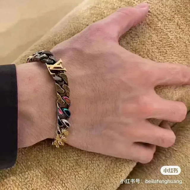 Louis Vuitton Curb-Link Bracelet Gold Multicolor Chain Monogram-Engraved Links Bracelet 3