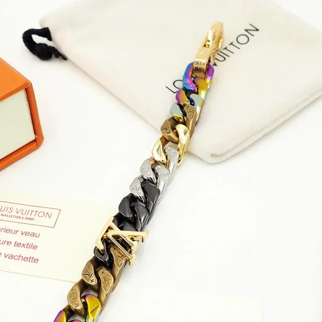 Louis Vuitton Curb-Link Bracelet Gold Multicolor Chain Monogram-Engraved Links Bracelet 4
