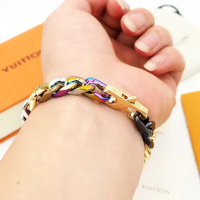Louis Vuitton Curb-Link Bracelet Gold Multicolor Chain Monogram-Engraved Links Bracelet 6