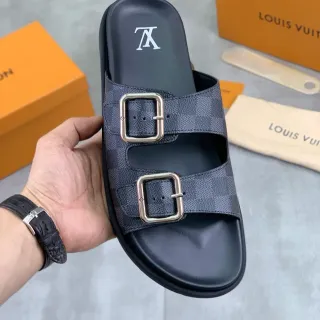 लुई विट्टोन डबल बकल स्लाइड गहरी भूरी Damier Graphite स्लिपर्स