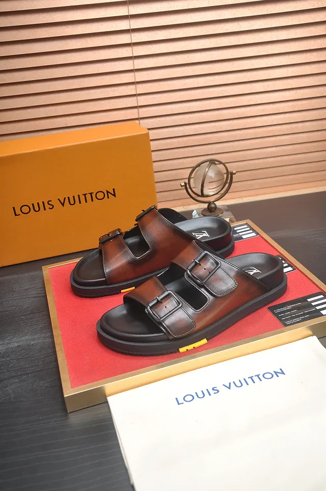 Louis Vuitton Sandales à bride double boucle marron noir semelle caoutchouc moulé sandales casual 4