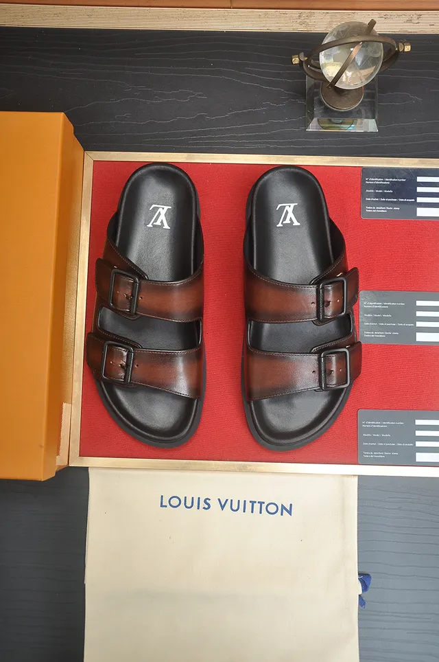 Louis Vuitton Sandales à bride double boucle marron noir semelle caoutchouc moulé sandales casual 5
