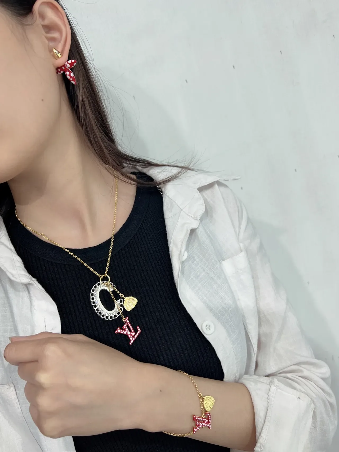 Louis Vuitton Enamel Polka-Dot LV and Shell Charm Necklaces 7