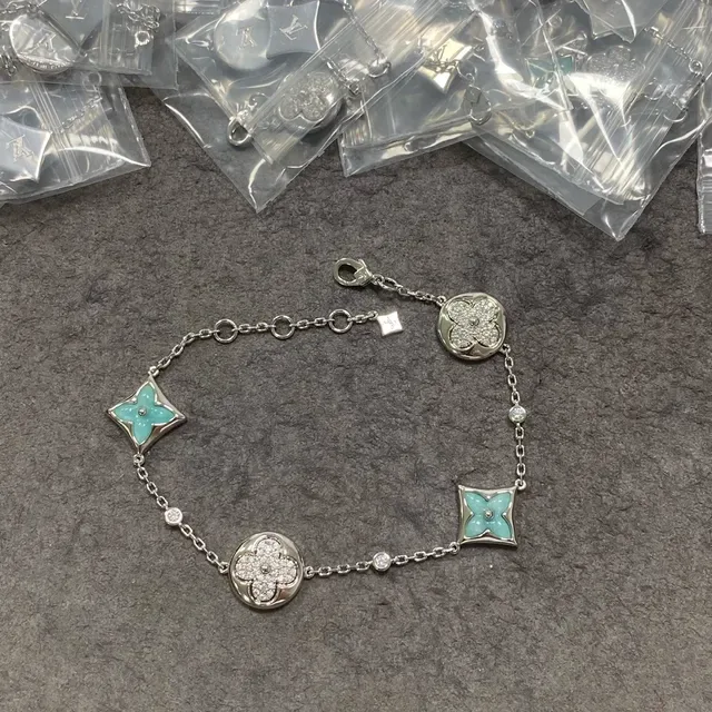 Louis Vuitton Flower Bracelet Gold Tone Turquoise Enamel Pavé Diamond Charms Bracelet 3