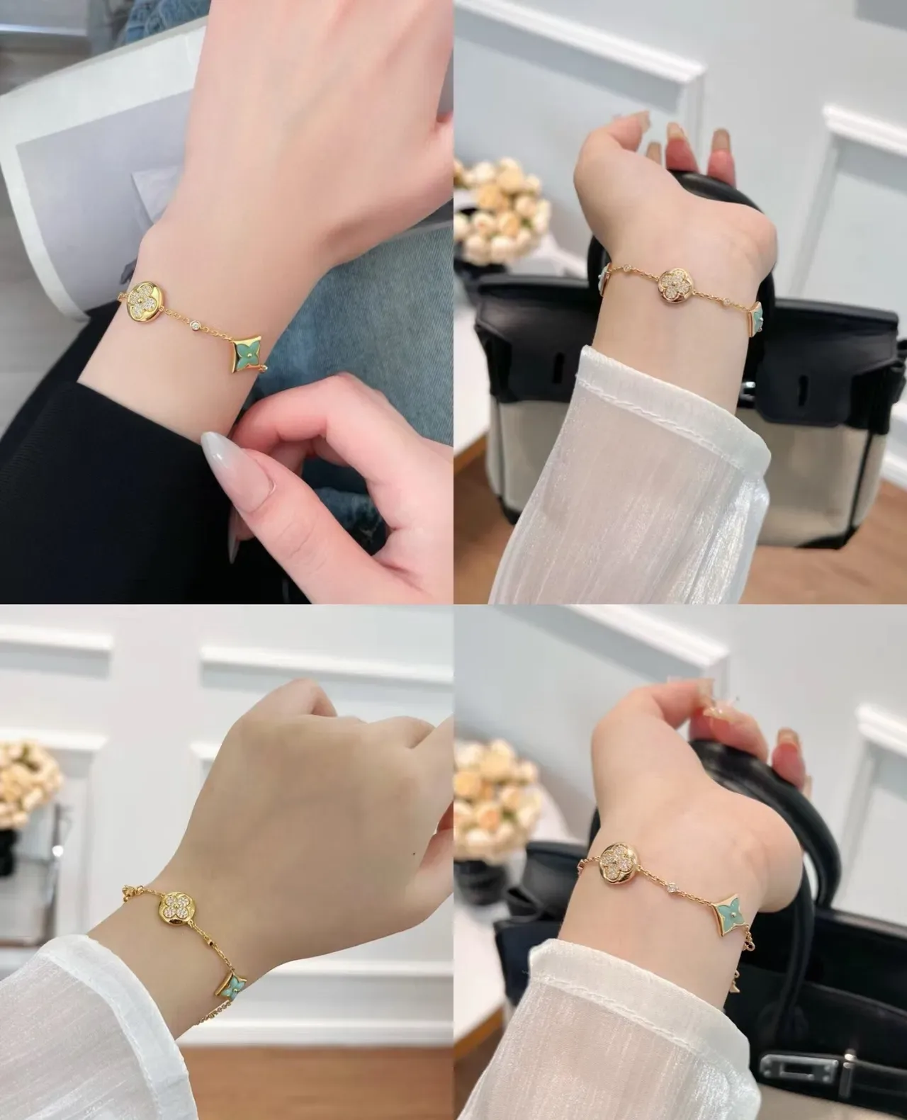 Louis Vuitton Flower Bracelet Gold Turquoise Enamel Pavé Diamond Multi-Charm Bracelet 2