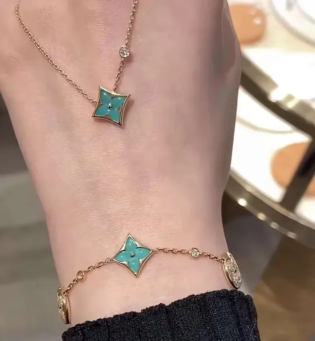 Louis Vuitton Flower Bracelet Gold Turquoise Enamel Pavé Diamond Multi-Charm Bracelet 4