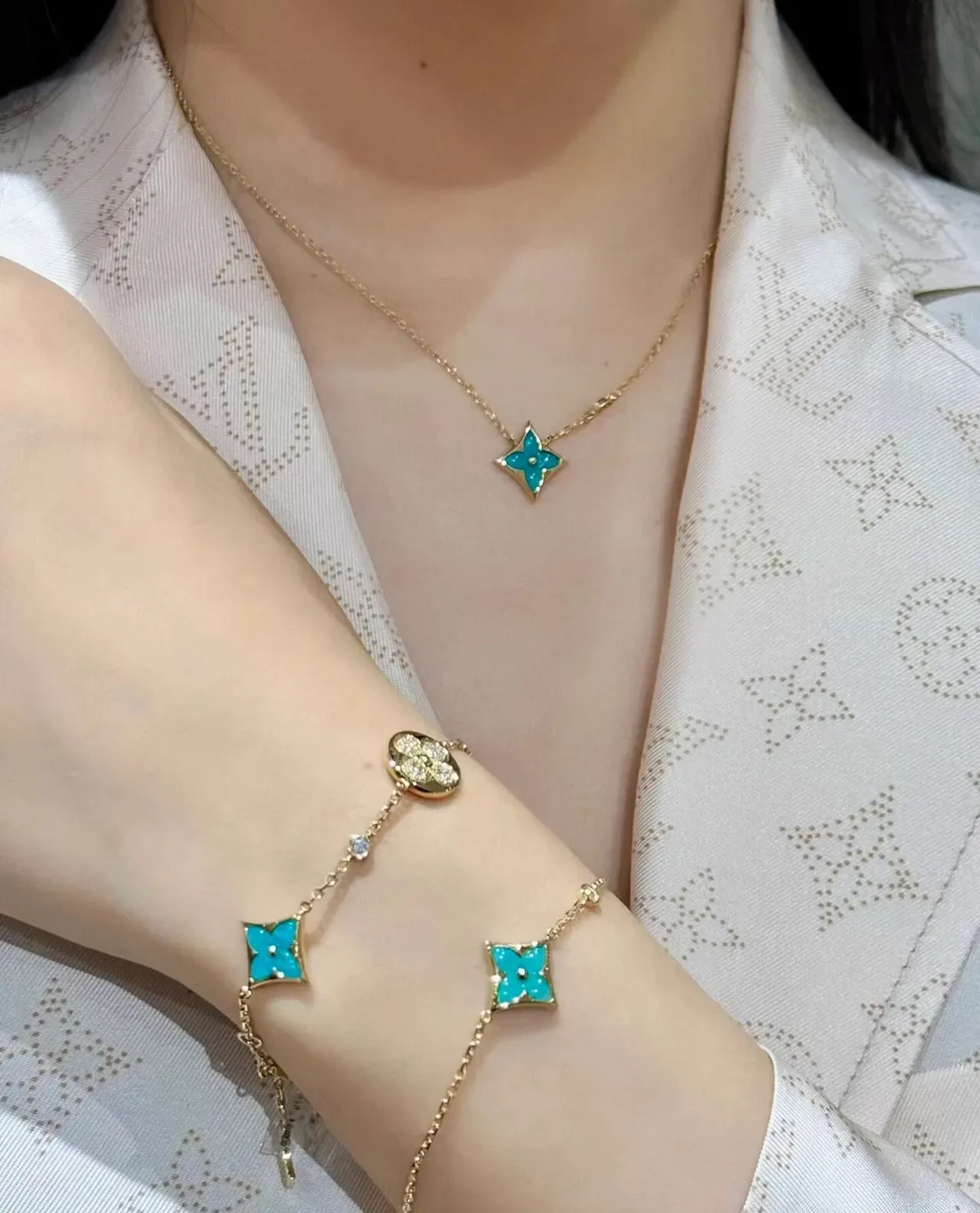 Louis Vuitton Flower Bracelet Gold Turquoise Enamel Pavé Diamond Multi-Charm Bracelet 5