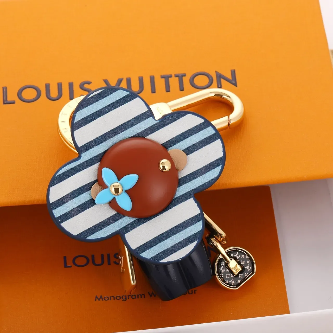 Louis Vuitton Flower Charm Blue Brown Striped Leather Gold-Tone Hardware Handbag 3