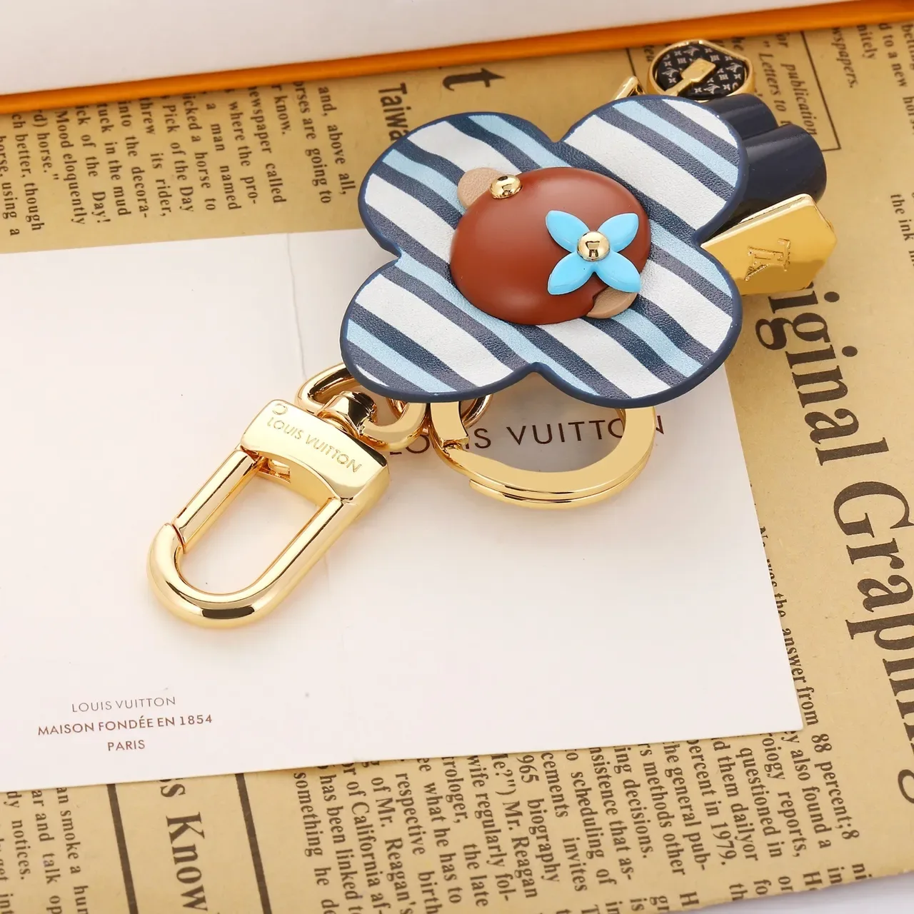 Louis Vuitton Flower Charm Blue Brown Striped Leather Gold-Tone Hardware Handbag 6