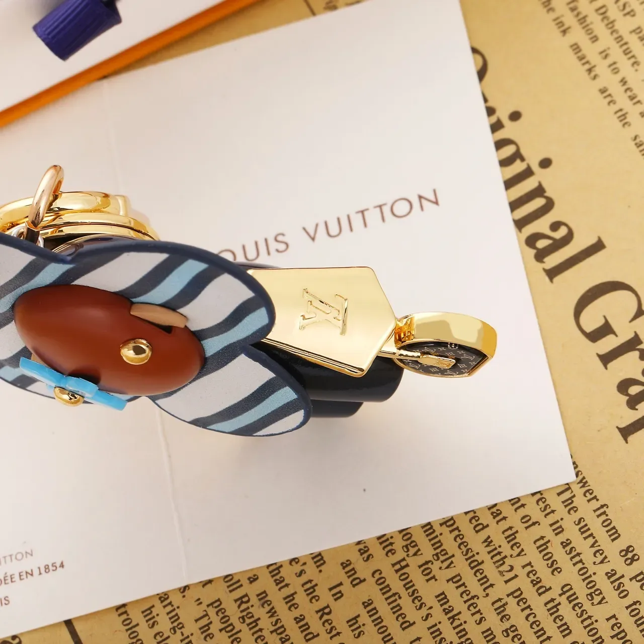 Louis Vuitton Flower Charm Blue Brown Striped Leather Gold-Tone Hardware Handbag 7