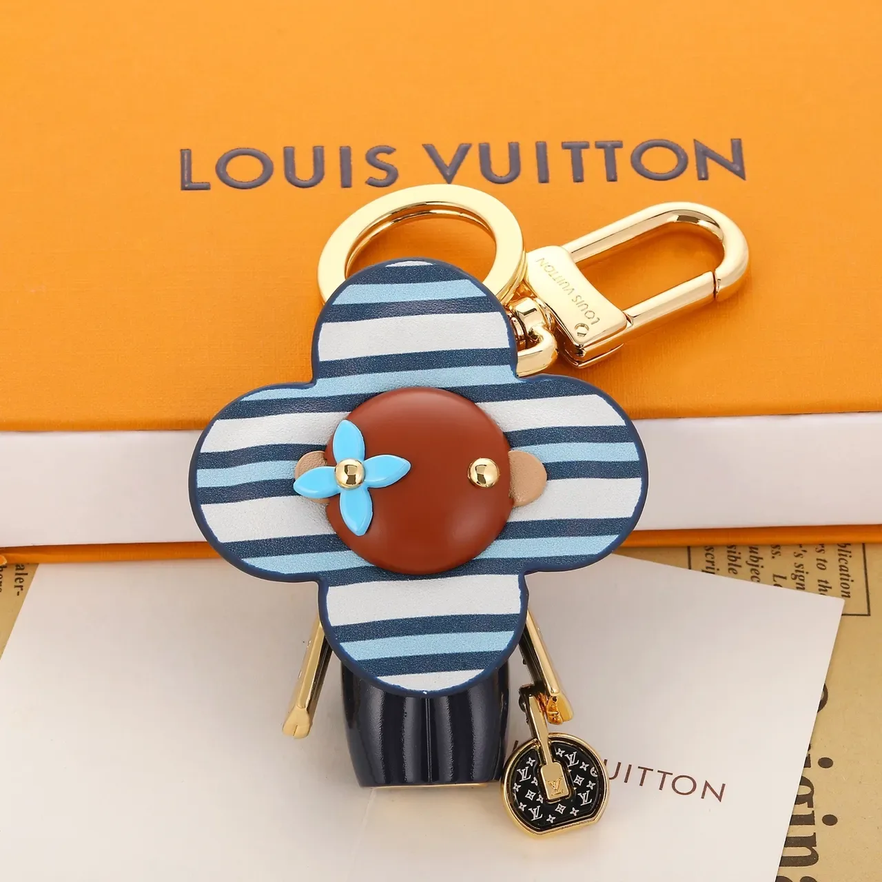 Louis Vuitton Flower Charm Blue Brown Striped Leather Gold-Tone Hardware Handbag 8