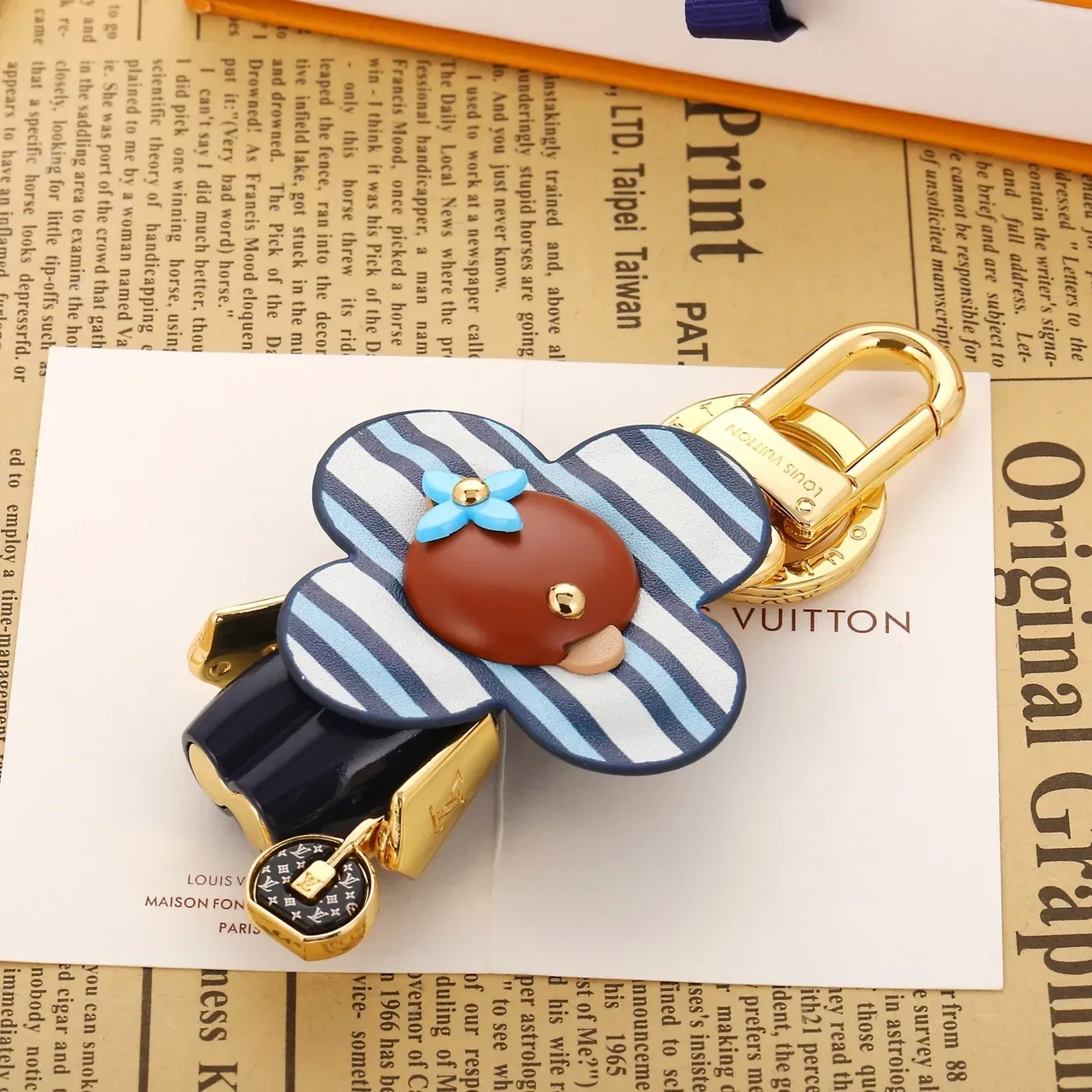Louis Vuitton Flower Charm Blue Brown Striped Leather Gold-Tone Hardware Handbag 9