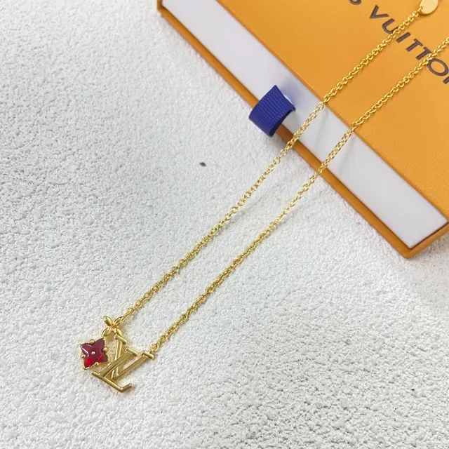 Louis Vuitton Flower LV Monogram Gold-Tone Red Enamel Necklace 4