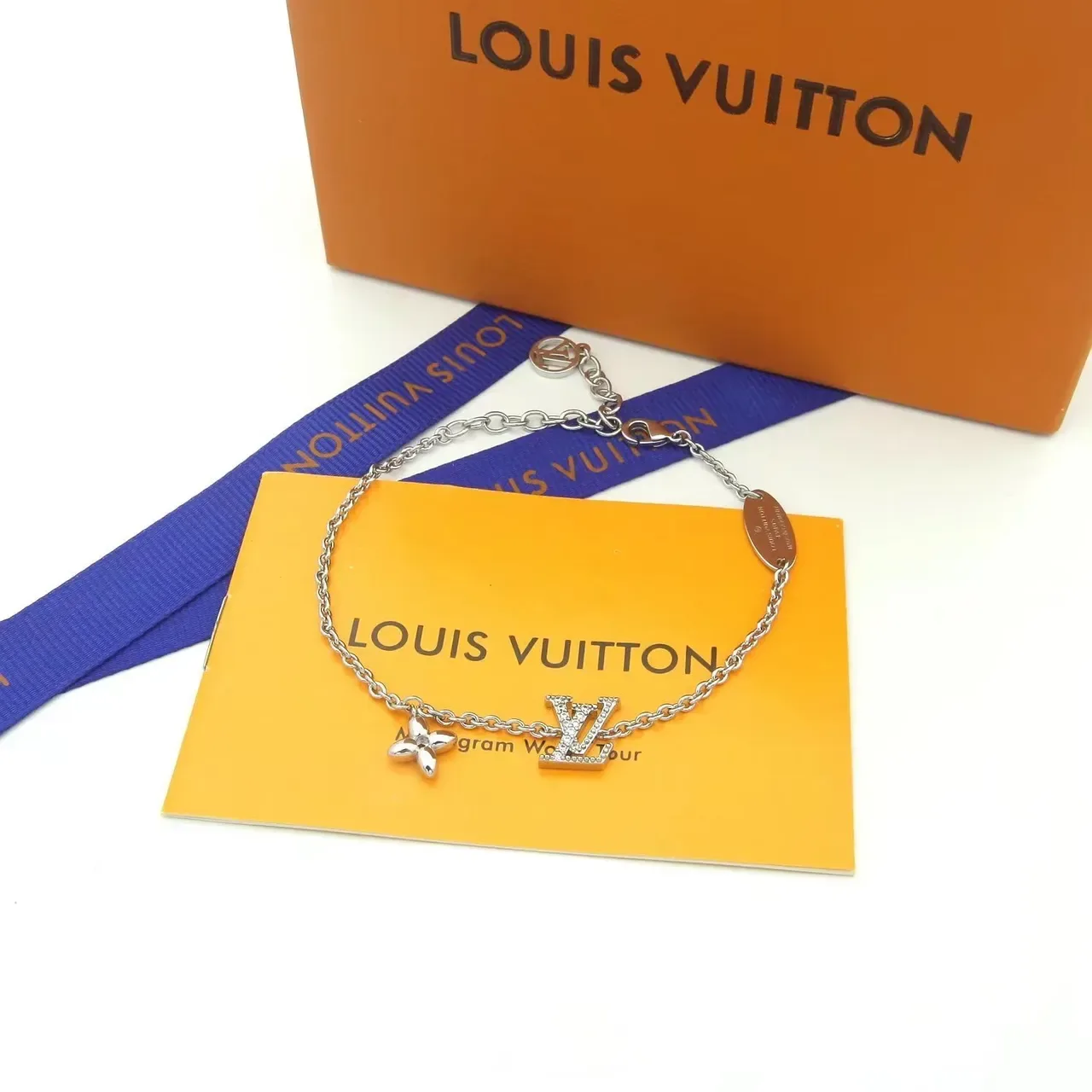 Louis Vuitton Gold Blue Chain-Link Monogram Charm Bracelet 3