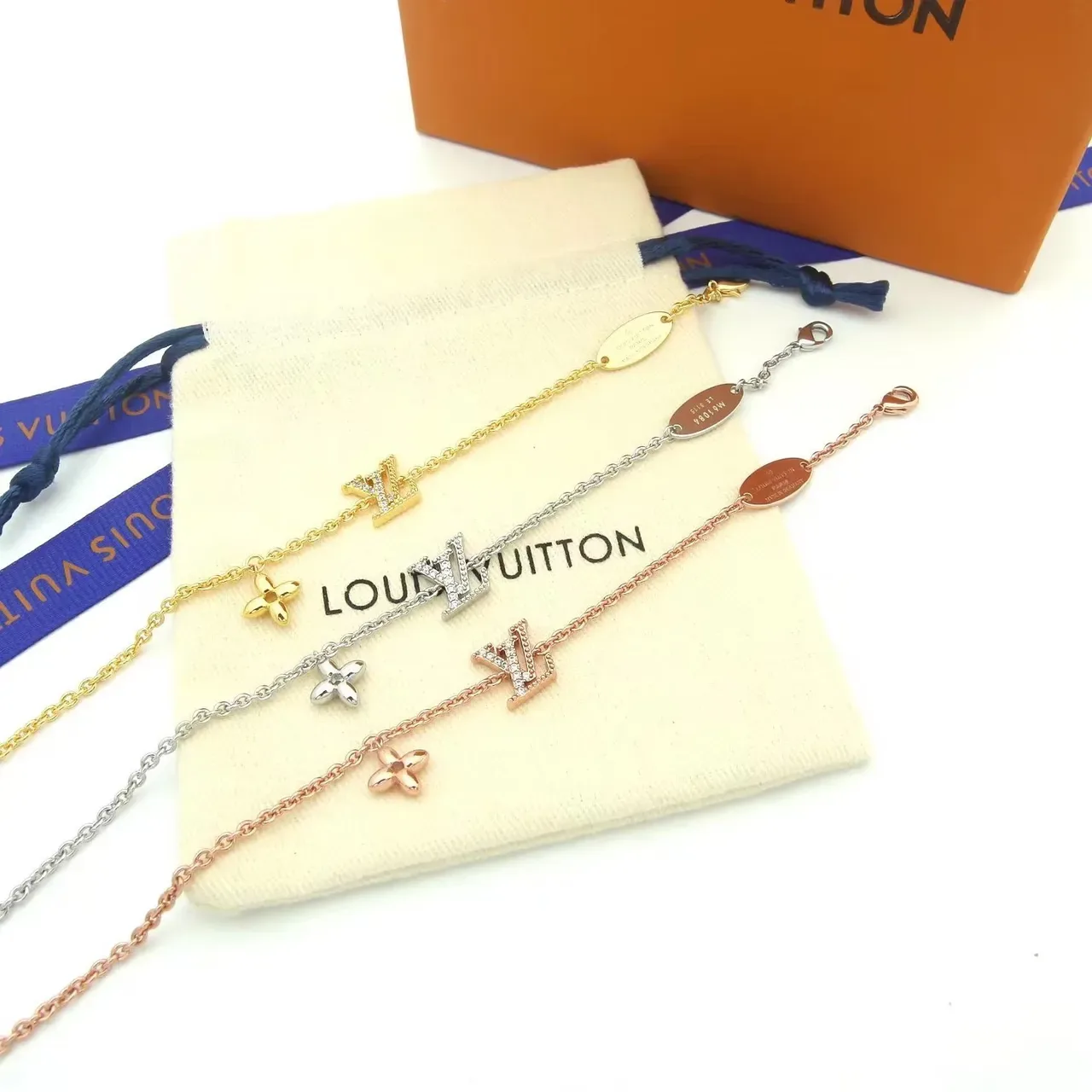 Louis Vuitton Gold Blue Chain-Link Monogram Charm Bracelet 5