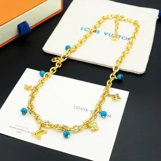 Louis Vuitton Gold Blue Chunky Oval-Link Chain Multi-Charm Pendant Necklace