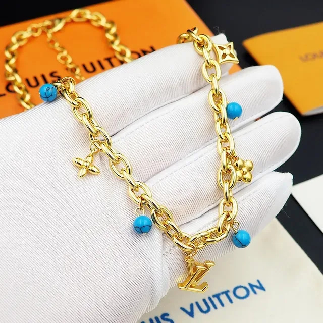 Louis Vuitton Gold Blue Chunky Oval-Link Chain Multi-Charm Pendant Necklace 2