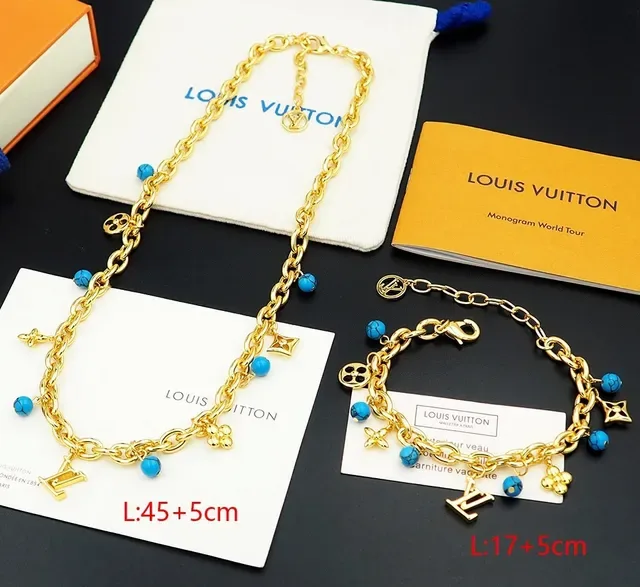 Louis Vuitton Gold Blue Chunky Oval-Link Chain Multi-Charm Pendant Necklace 3