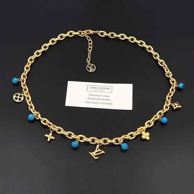 Louis Vuitton Gold Blue Chunky Oval-Link Chain Multi-Charm Pendant Necklace 5