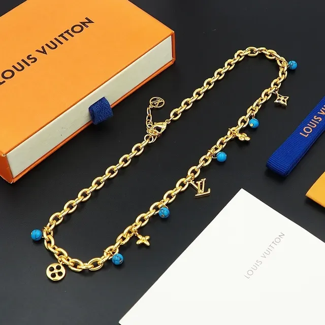Louis Vuitton Gold Blue Chunky Oval-Link Chain Multi-Charm Pendant Necklace 6