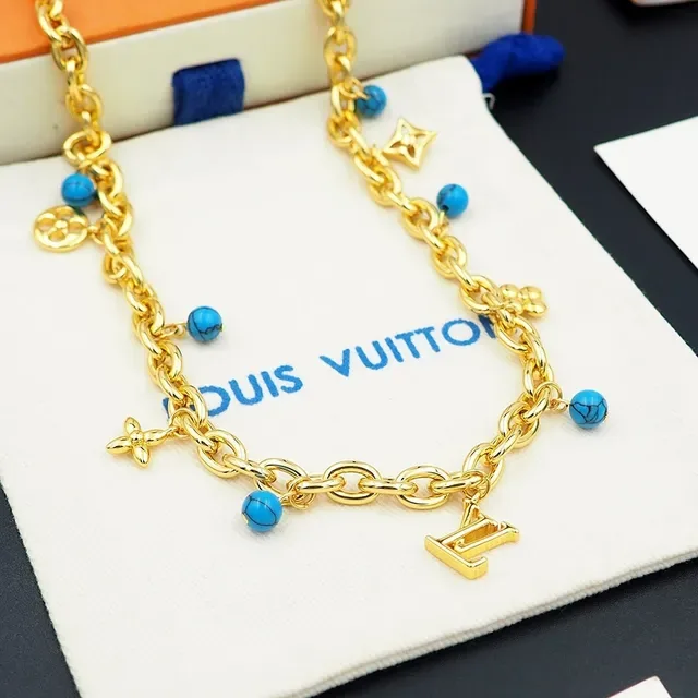 Louis Vuitton Gold Blue Chunky Oval-Link Chain Multi-Charm Pendant Necklace 7