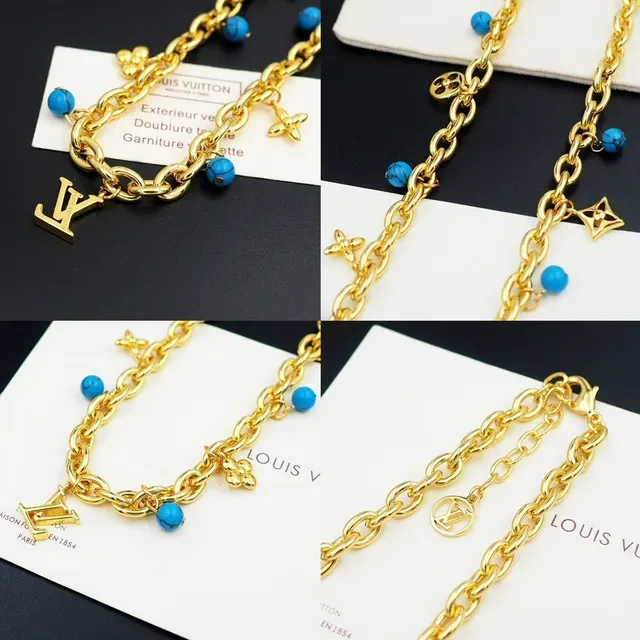 Louis Vuitton Gold Blue Chunky Oval-Link Chain Multi-Charm Pendant Necklace 8
