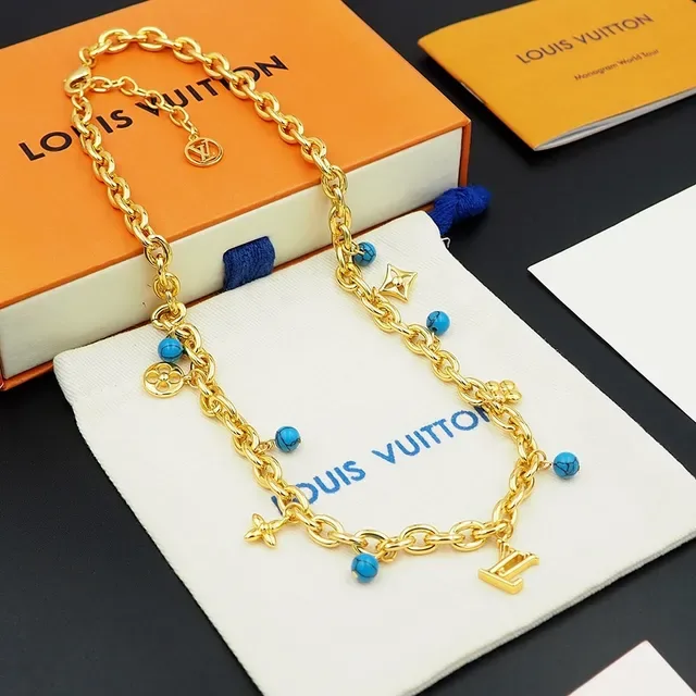 Louis Vuitton Gold Blue Chunky Oval-Link Chain Multi-Charm Pendant Necklace 9