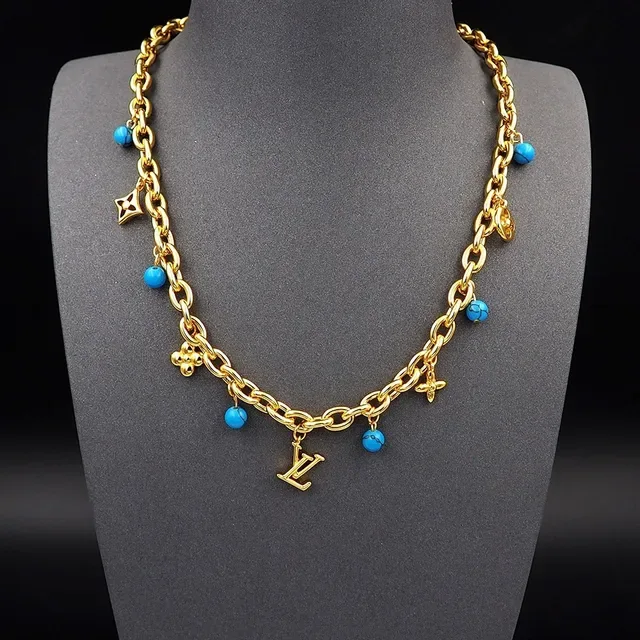 Louis Vuitton Gold Blue Chunky Oval-Link Chain Multi-Charm Pendant Necklace 10