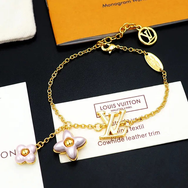 Louis Vuitton Gold Pink Curb Chain LV Monogram Pendant Bracelet 2