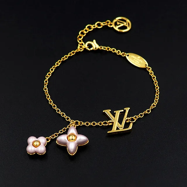Louis Vuitton Gold Pink Curb Chain LV Monogram Pendant Bracelet 4