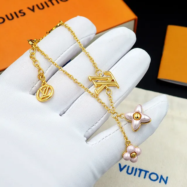 Louis Vuitton Gold Pink Curb Chain LV Monogram Pendant Bracelet 6