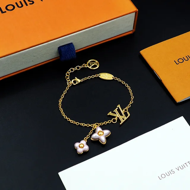 Louis Vuitton Gold Pink Curb Chain LV Monogram Pendant Bracelet 7